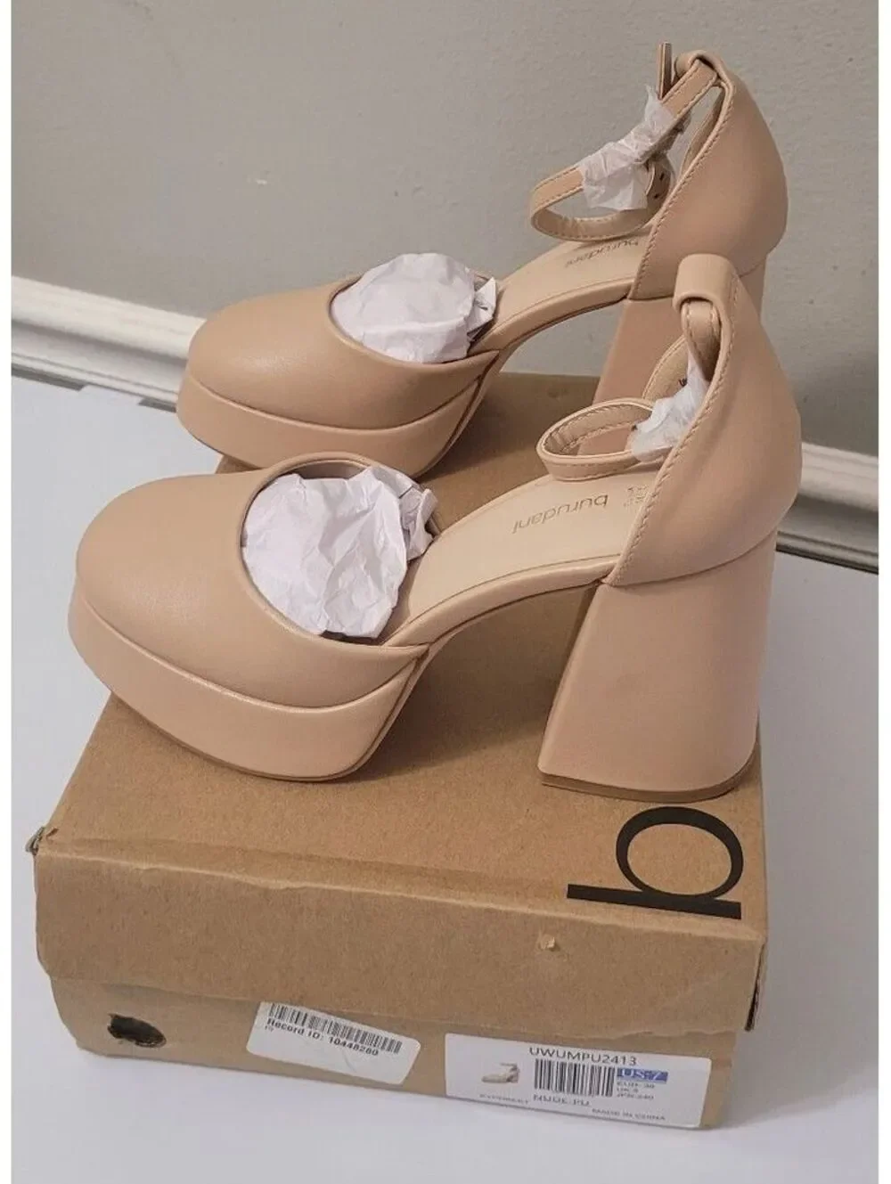 Burudani Nude PU Chunky Platform Block Heels Square Toe Dress Pumps Shoes Size 7